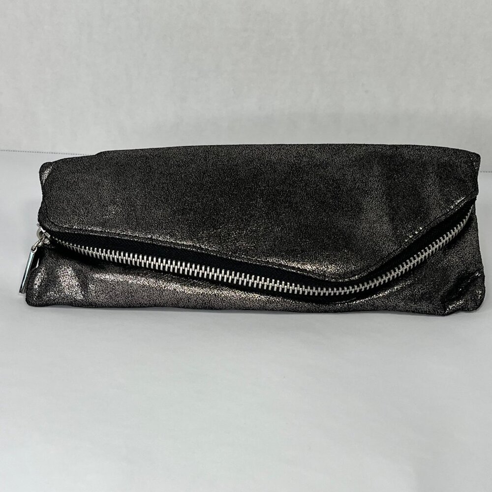Hobo Effe Pewter Shimmer Leather Clutch With Floral Lining & Zipper Closure $128